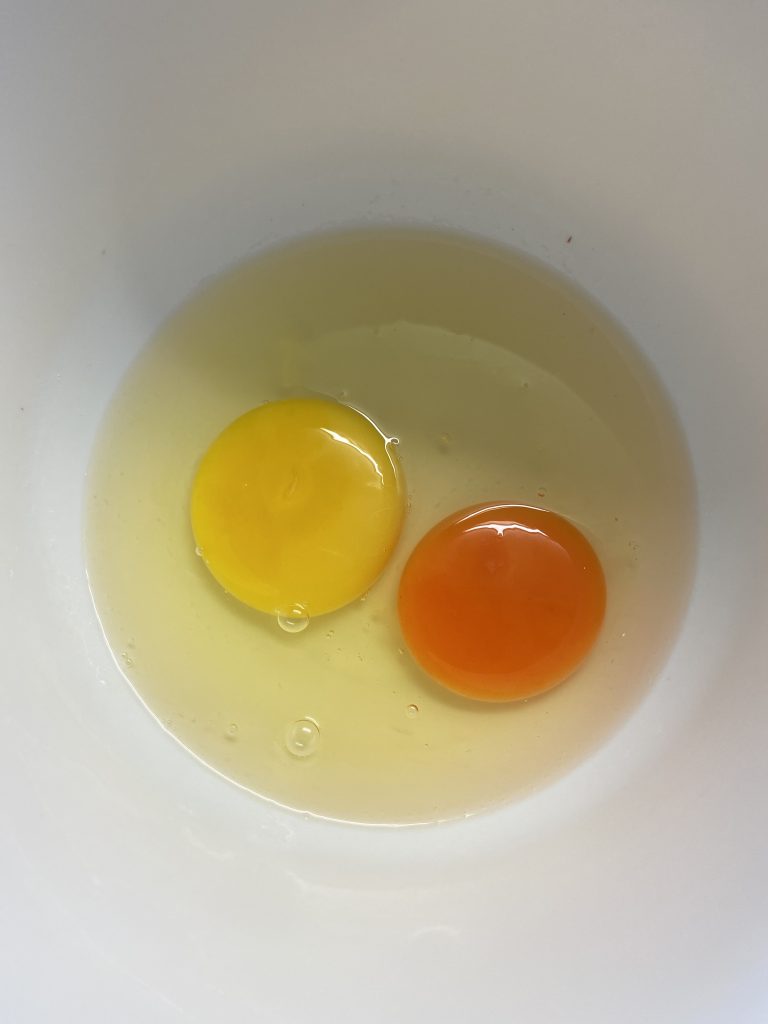 Weiße Schüssel mit zwei aufgeschlagenen Eiern: Der linke Dotter ist gelb, der rechte orange.